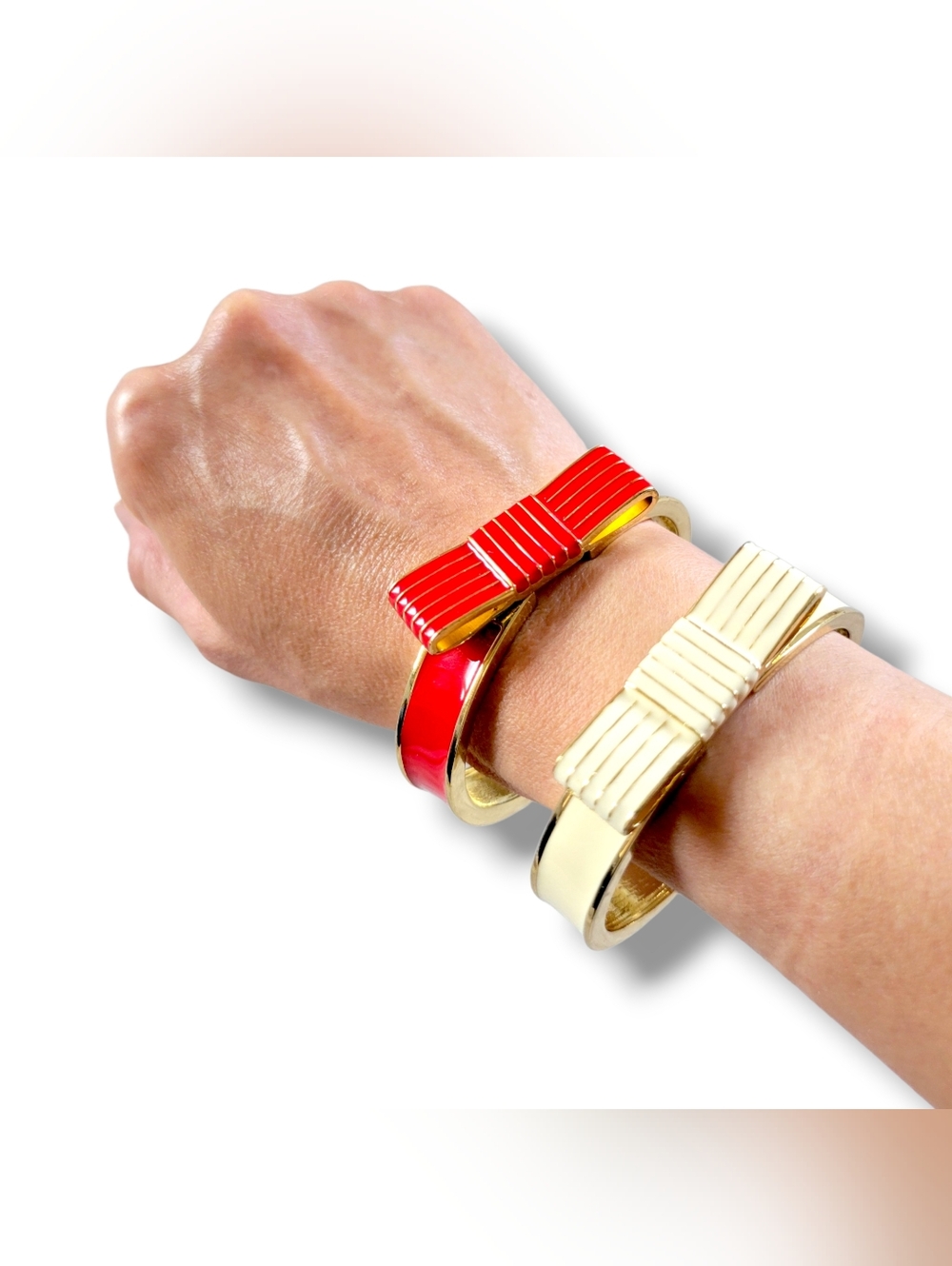 Stylish Gold Tone Red & Cream Enamel Bow Cuff Bracelet Bundle (2pc) - Picture 2 of 8